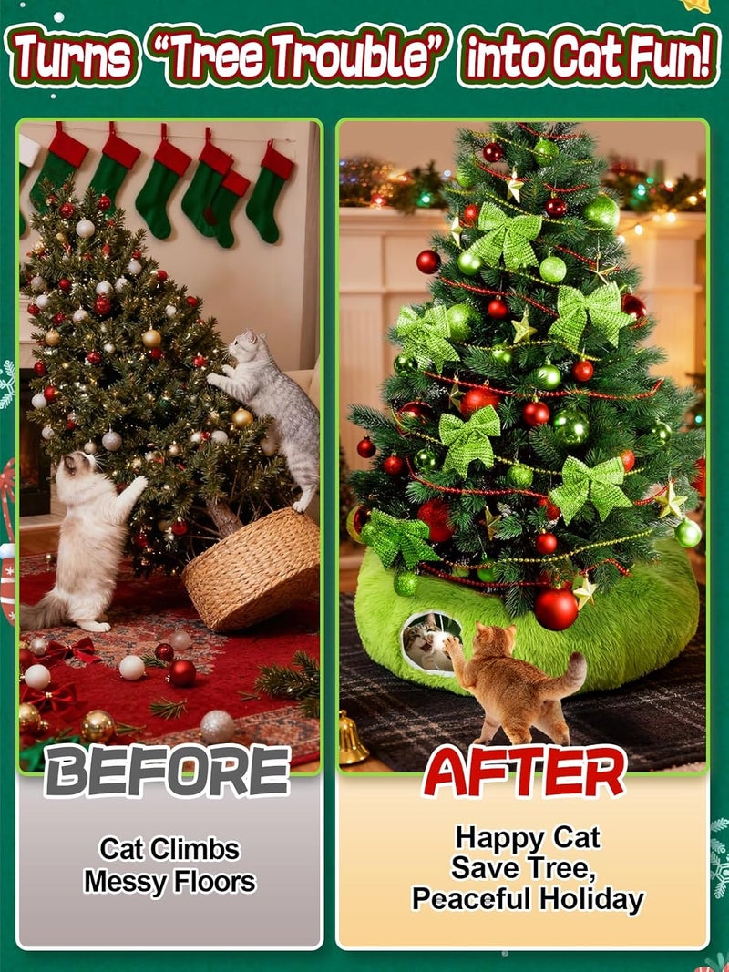 Beeplove Green Fluffy Cat Tunnel Christmas Tree Skirt - Cat Donut Bed, Christmas Tree Protector from Cats, Xmas Small Medium Large Cats Gifts Accessories - Image 3